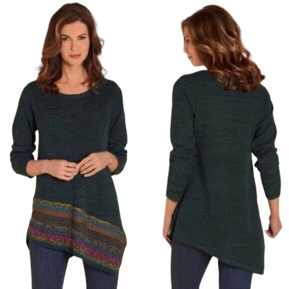 Soft Surroundings Raku Green Asymmetrical Woven Striped Hem Tunic Sweater XS - Picture 6 of 8